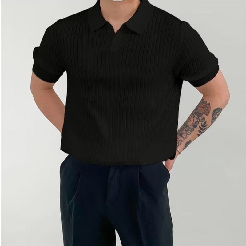 Men’s Cotton-Blend V-Neck Polo Shirt – Ribbed Knit, Short Sleeve, Smart Casual