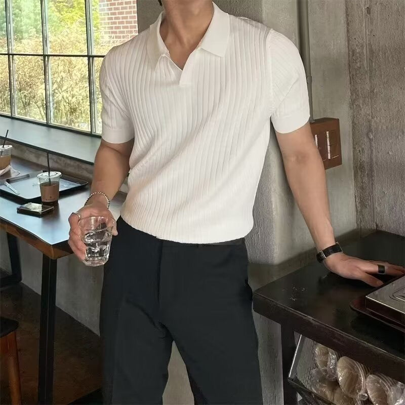 Men’s Cotton-Blend V-Neck Polo Shirt – Ribbed Knit, Short Sleeve, Smart Casual