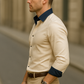 Men's Slim Fit Beige Dress Shirt with Navy Blue Details – Elegance and Modern Style