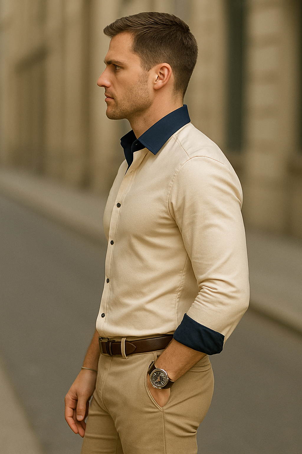 Men's Slim Fit Beige Dress Shirt with Navy Blue Details – Elegance and Modern Style