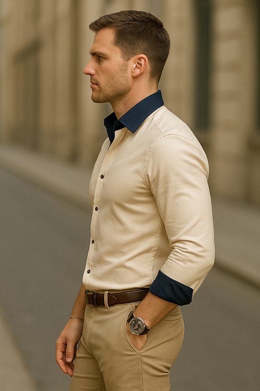 Men's Slim Fit Beige Dress Shirt with Navy Blue Details – Elegance and Modern Style