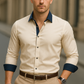 Men's Slim Fit Beige Dress Shirt with Navy Blue Details – Elegance and Modern Style