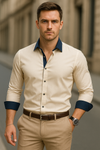 Men's Slim Fit Beige Dress Shirt with Navy Blue Details – Elegance and Modern Style