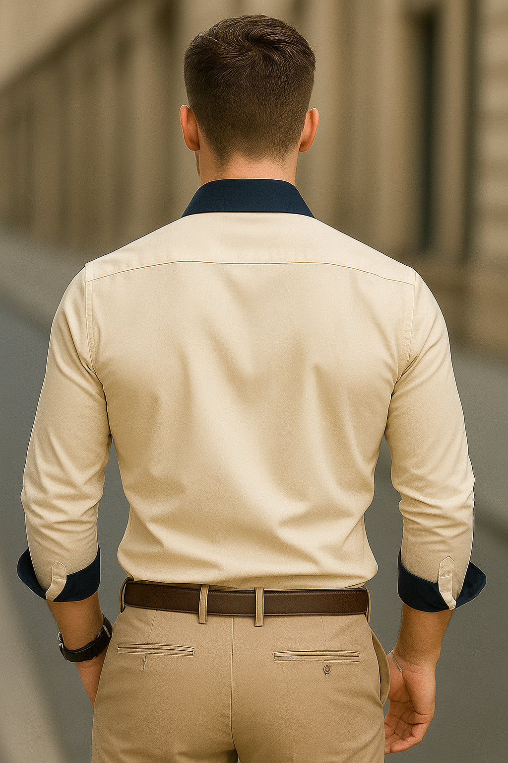 Men's Slim Fit Beige Dress Shirt with Navy Blue Details – Elegance and Modern Style