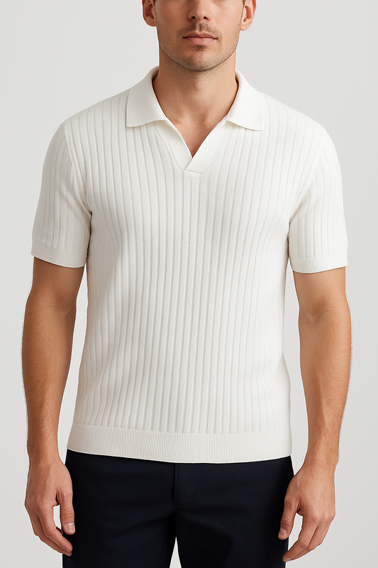 Men’s Cotton-Blend V-Neck Polo Shirt – Ribbed Knit, Short Sleeve, Smart Casual