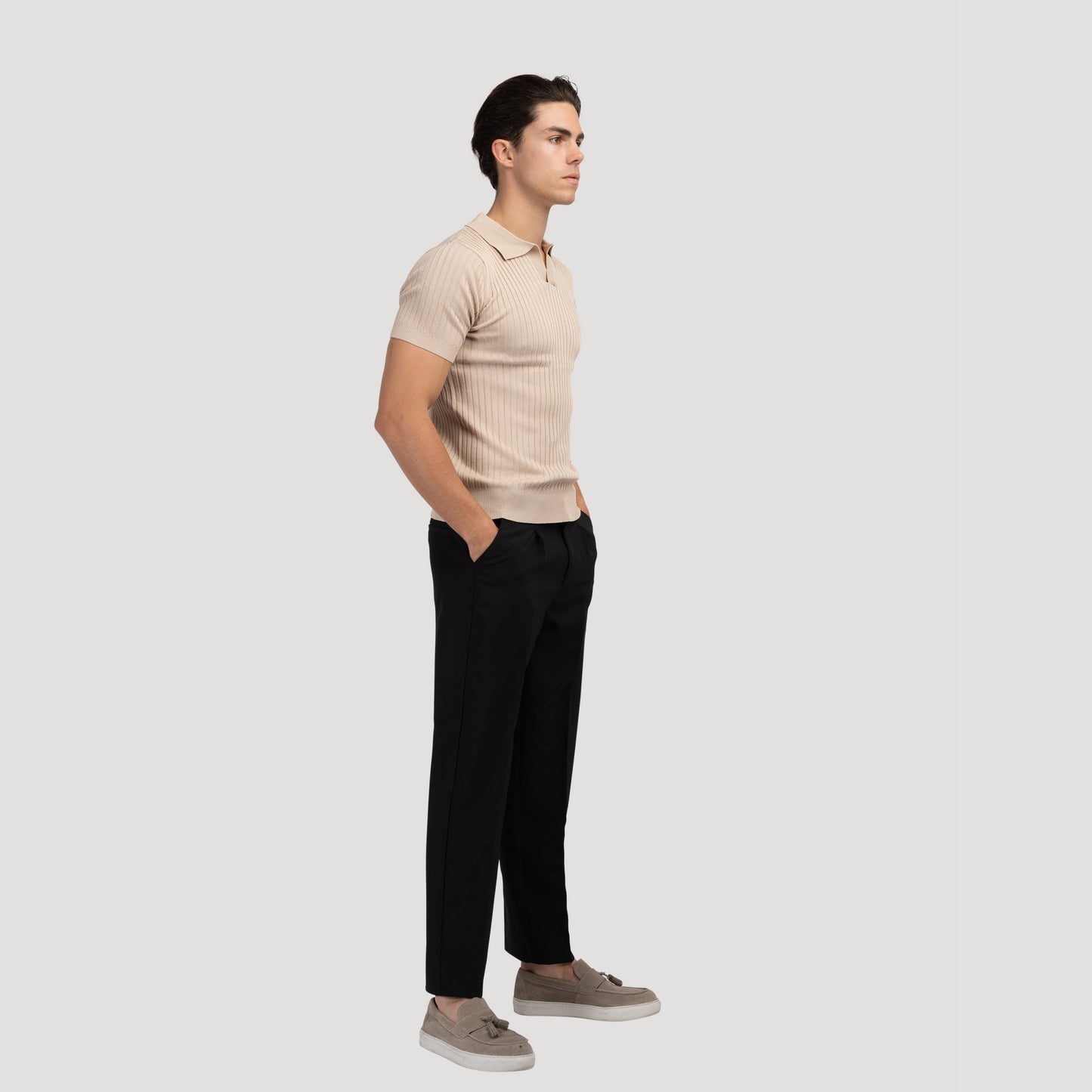 Men’s Cotton-Blend V-Neck Polo Shirt – Ribbed Knit, Short Sleeve, Smart Casual