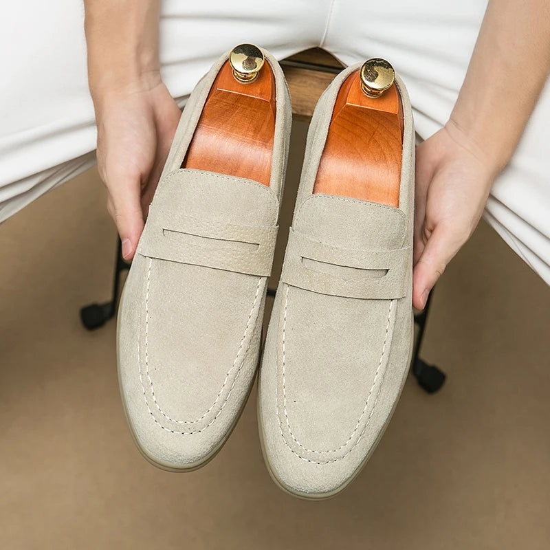 Luxury Brand Slip-On Shoes Low Heel  Nubuc Loafers Suede Leather Comfortable Soft Sole Mens Classic Retro Moccasins Casual Shoes