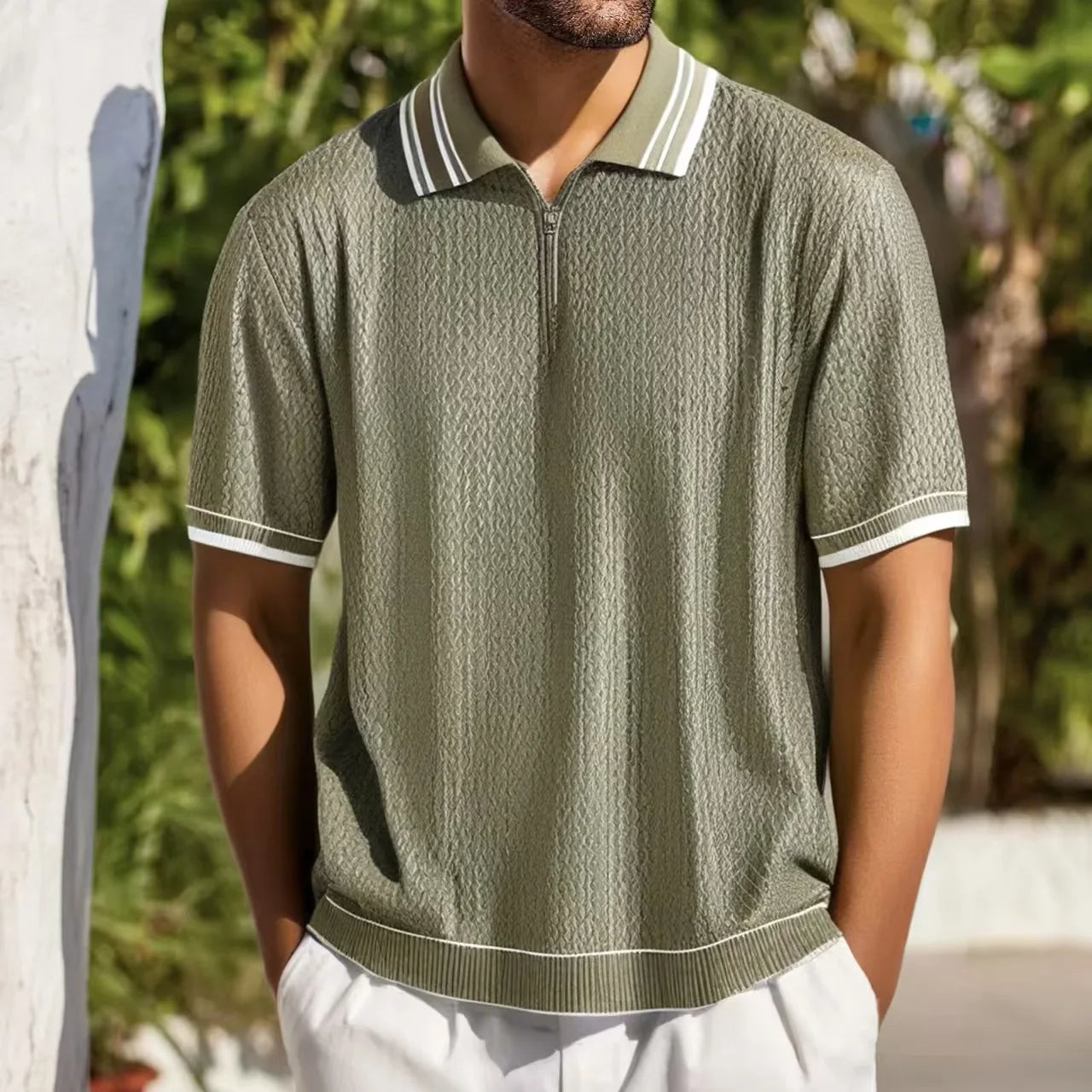 Men's Knitted Jacquard Polo Shirt - Striped Style