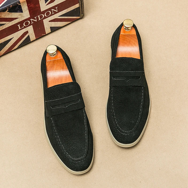 Luxury Brand Slip-On Shoes Low Heel  Nubuc Loafers Suede Leather Comfortable Soft Sole Mens Classic Retro Moccasins Casual Shoes